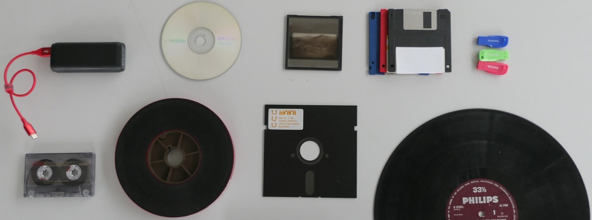 A range of media types including floppy disk, USB stick, cassette, CD and vinyl